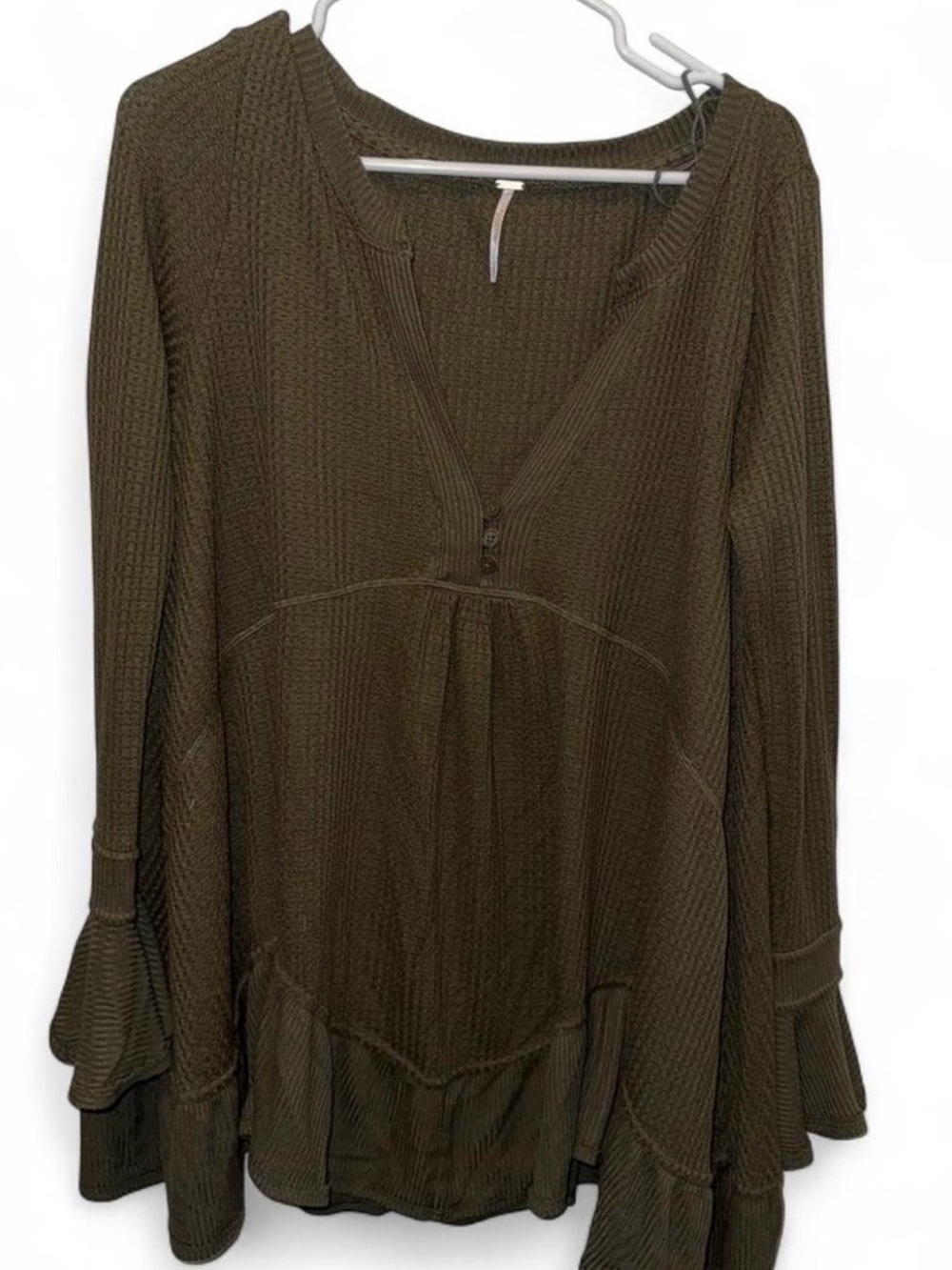 Free People Olive Green Knit Bell-Sleeve Top